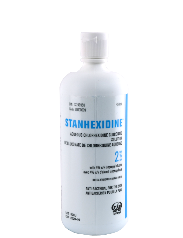 OMEGA Nettoyant antibactérien Stanhexidine aqueu 2% avec 4% ALCOOL ISO FLIP CAP (Bleu) 450 ml