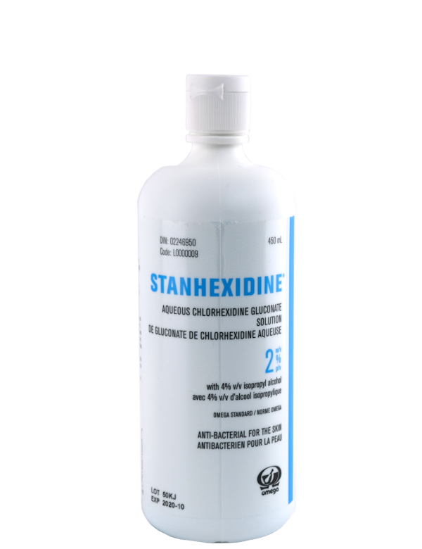 [41288] OMEGA® Nettoyant antibactérien Stanhexidine aqueu 2% avec 4% ALCOOL ISO FLIP CAP (Bleu) 450 ml