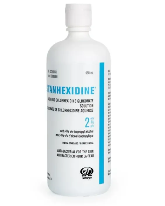[41288] OMEGA® STANHEXIDINE® Anti-bacterial cleaner Stanhexidine aqueous 2% with 4% ALCOHOL ISO FLIP CAP (Blue) 450 ml