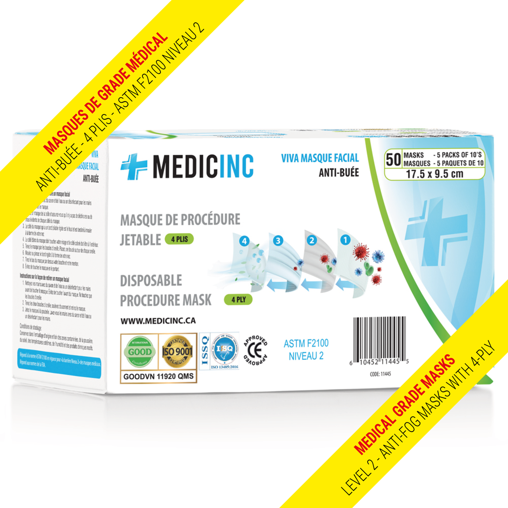 [11445] MEDICINC® Niveau 2 – Masques de procédure jetables antibuée à 4 épaisseurs