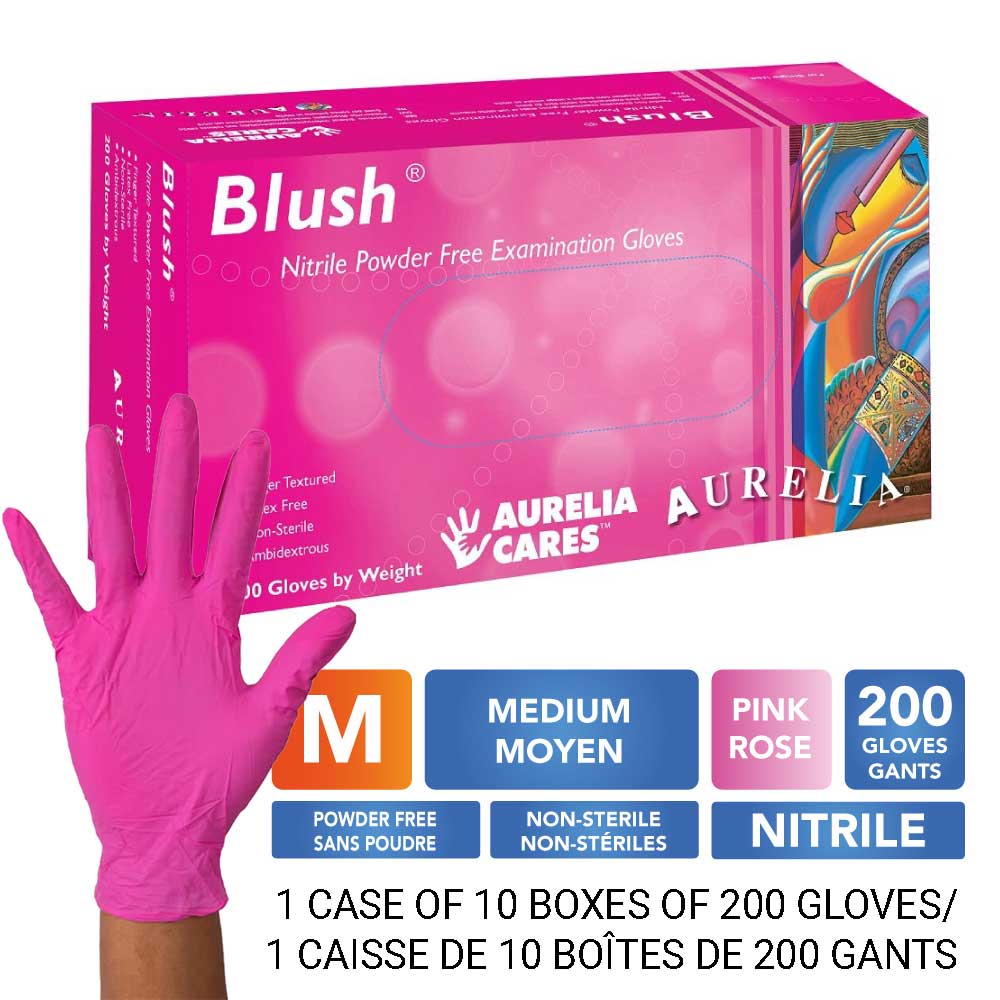 [578887-M-10] AURELIA® Blush® Gants en nitrile sans poudre - Moyen (200) Rose - (Caisse de 10 paq.)