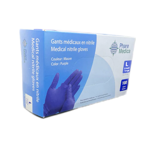 PHARE MÉDICA - Gants en nitrile médical sans poudre - 4 mils - Grand (100) Mauve