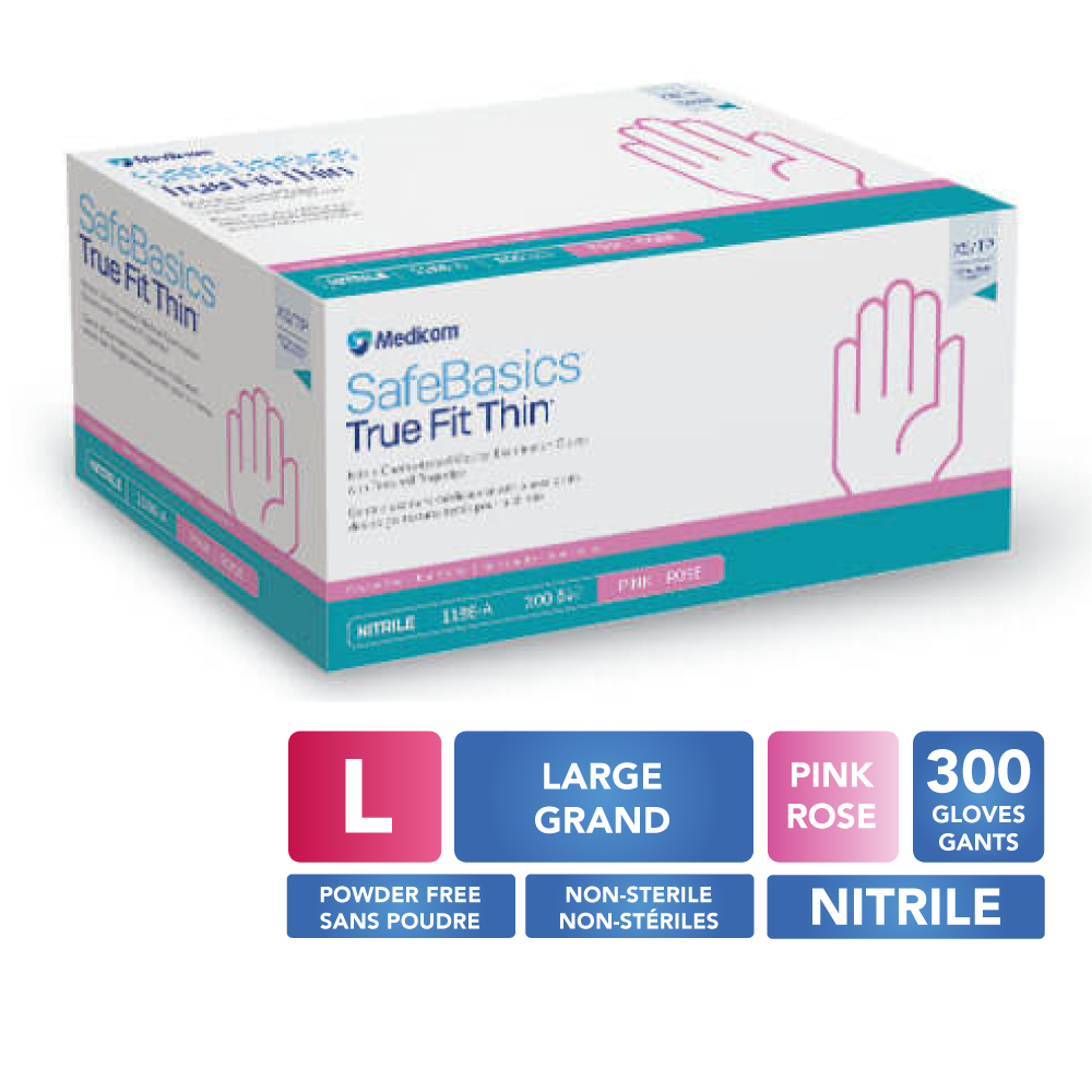 MEDICOM® SafeBasics™ True Fit Thin™ Gants en nitrile texturés sans poudre - Grand (300) Rose