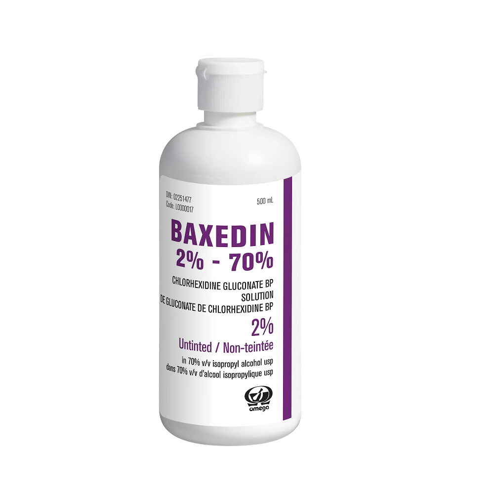 [432-L0000017] OMEGA® BAXEDIN® Solution de gluconate de chlorhexidine 2% dans 70% v/v d'alcool isopropylique (Bouteille mauve) Non-teintée - 500ml