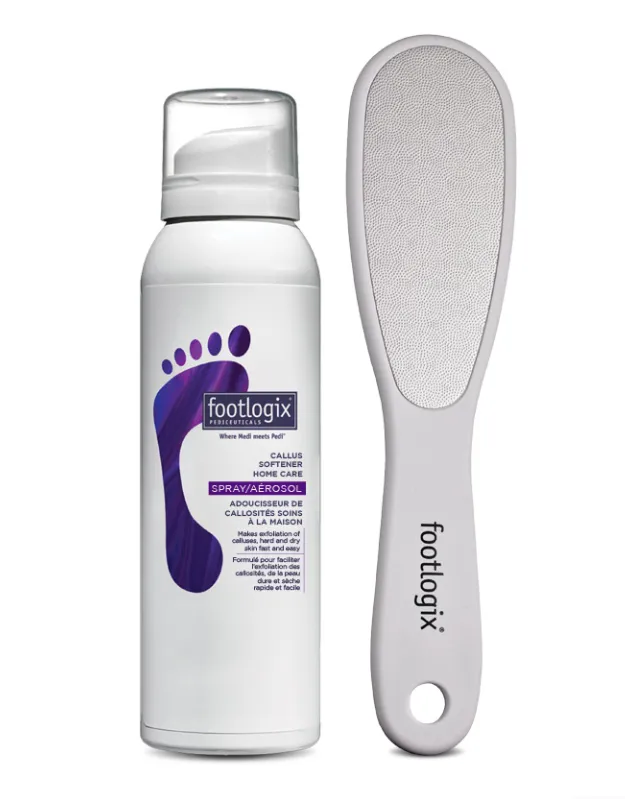 FOOTLOGIX® Kit adoucisseur de callosités - Soins à la maison - (en aérosol) 100ml + Lime