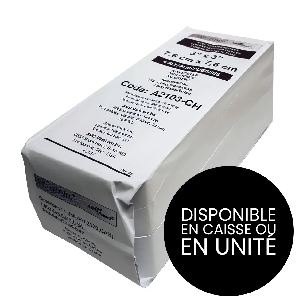 AMD Ritmed® Compresses non-tissées tout usage - 4 épaisseurs 3" x 3" (200) - Blanc