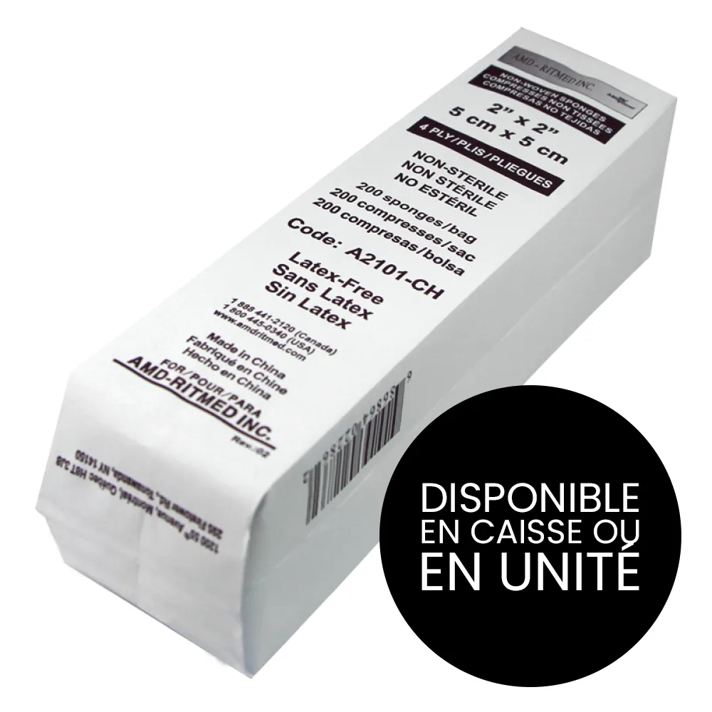 [A2101-CH-1] AMD Ritmed® Compresses non-tissées tout usage - 4 épaisseurs  2" x 2"(200) - Blanc (1)