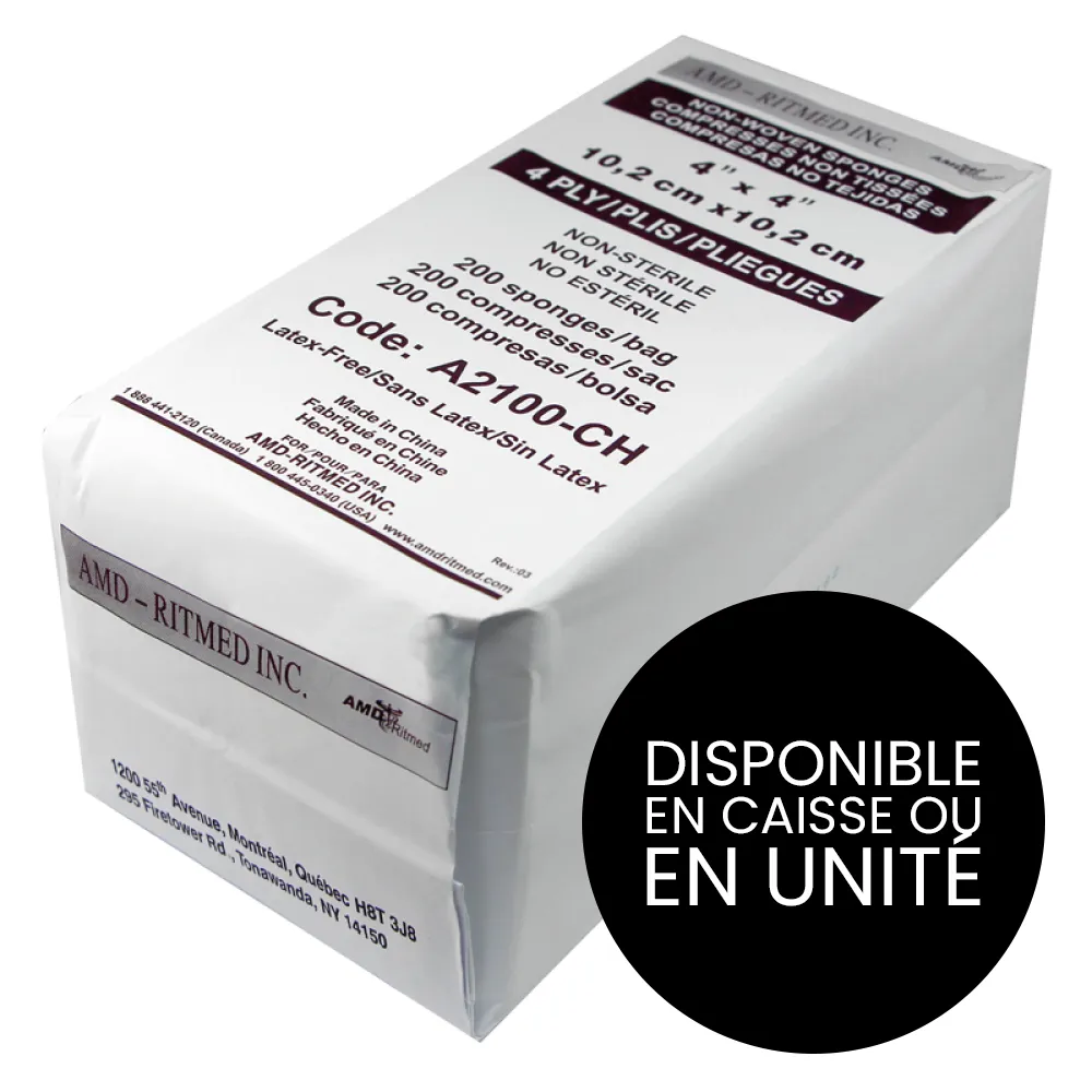 AMD Ritmed® Compresses non-tissées tout usage - 4 épaisseurs 4" x 4" (200) - Blanc