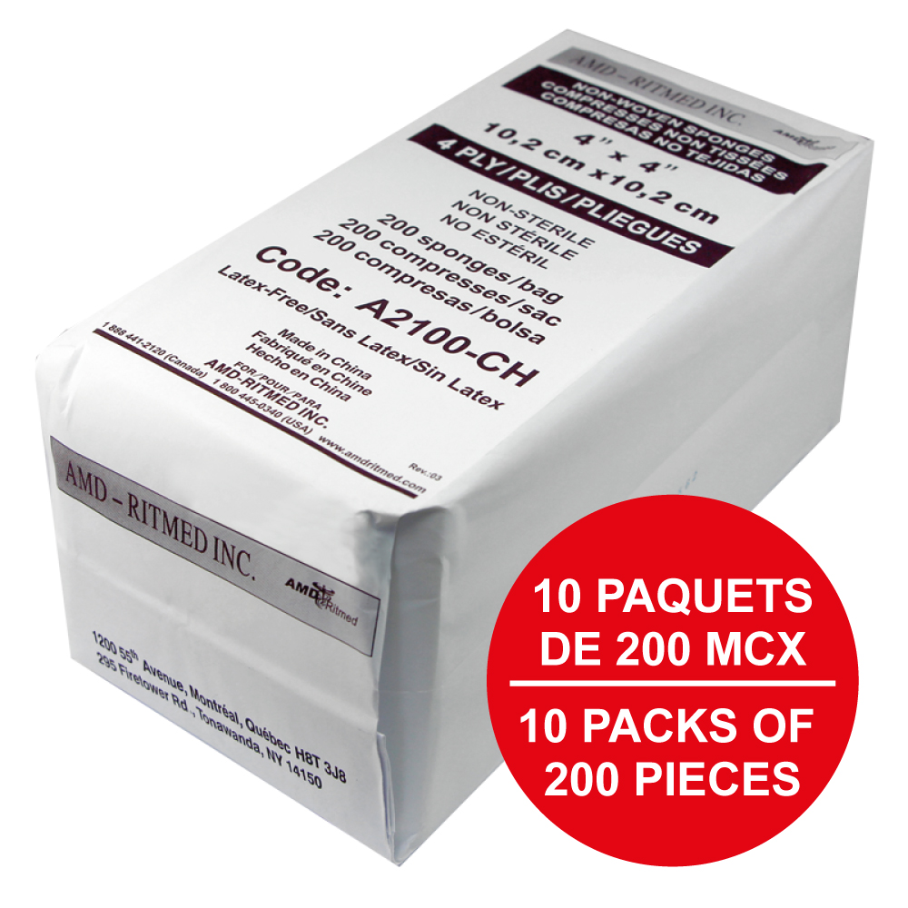 [A2100-CH-1] AMD Ritmed® Compresses non-tissées tout usage - 4 épaisseurs 4" x 4" (200) - Blanc (1)