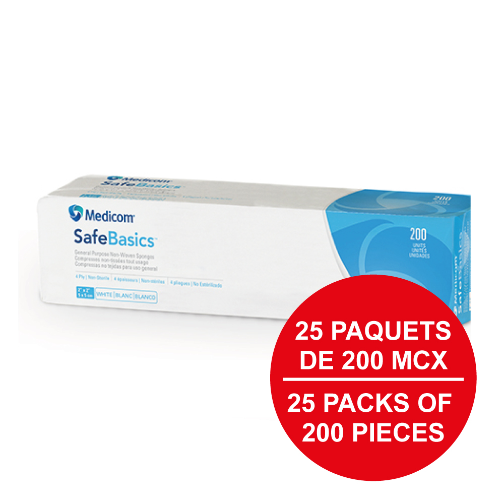 [5MED2101-CH-1] MEDICOM® SafeBasics™ Compresses non-tissées tout usage - 4 épaisseurs 2" x 2" (200) - Blanc (1)