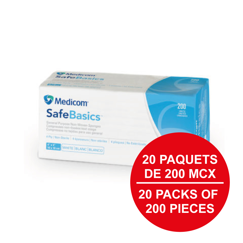 MEDICOM® SafeBasics™ Compresses non-tissées tout usage - 4 épaisseurs 3" x 3" (200) - Blanc