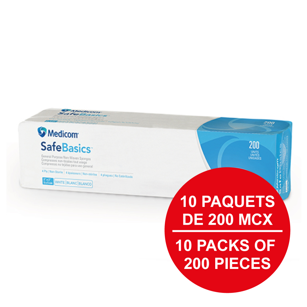 MEDICOM® SafeBasics™ Compresses non-tissées tout usage - 4 épaisseurs 4" x 4" - Blanc