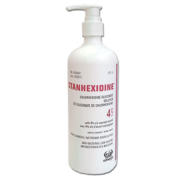 [41287] OMEGA® STANHEXIDINE® Chlorhexidine gloconate solution CHG 4% + IPA 4% (red) - with dispenser - 450 ml