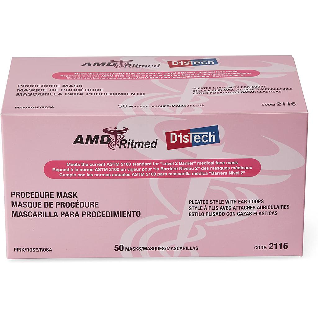[205516] MEDICOM® Distech™ Pleated Style With Ear-Loops Masks (50) Pink (Level 2)