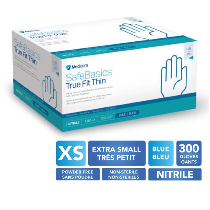 [5MED1185A TRES PETIT] MEDICOM® SafeBasics™ True Fit Thin™ Powder Free Textured Nitrile Gloves - X-Small (300) Blue