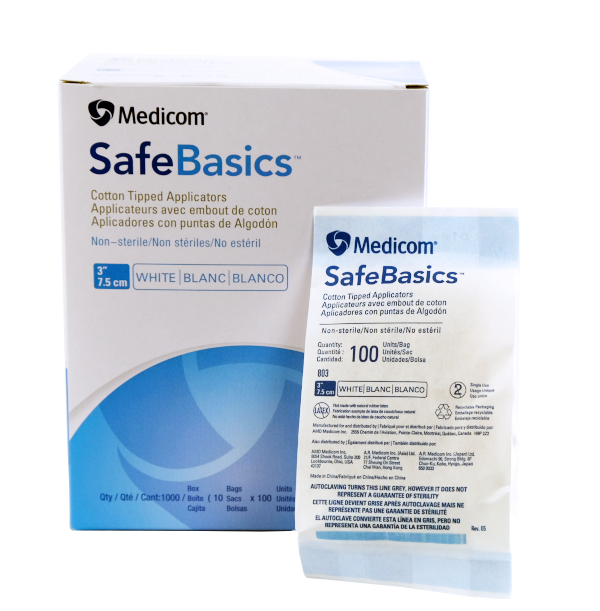 [5MED803] MEDICOM® SafeBasics ™ Applicators with cotton tip (cotton swab) - 3 &quot;- Non-sterile (1000) White