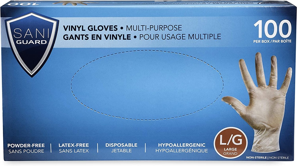 [5MG831L] SANIGUARD® Non-Medical Powder Free Vinyl Gloves - Large (100) Clear